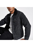 River Island Lee - Veste En Jean Noire à Col Imitation Peau De Mouton