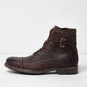 River Island Bottes Militaires En Cuir Marron Foncé à Lacets