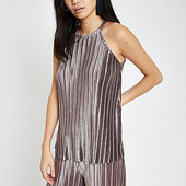 River Island Top en Velours Plissé Gris à Col Montant