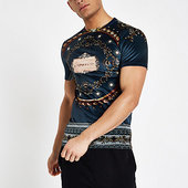 River Island Navy Baroque Print Velour T-shirt