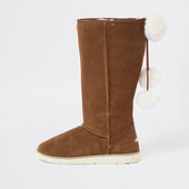 River Island Bottes En Daim Marron Clair à Pompon En Fausse Fourrure