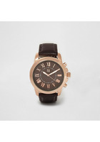 River Island Montre Ronde Façon Or Rose à Bracelet Marron Foncé