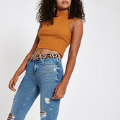 River Island Crop Top Côtelé Marron Fauve à Col Montant