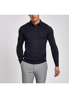 River Island Polo Slim Torsadé Bleu Marine à Manches Longues