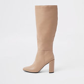 River Island Bottes Au Genou En Cuir Crème à Talon Carré