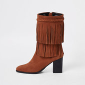 River Island Bottes En Daim Marron à Franges Et Talon Carré