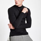 River Island Pull Ajusté Noir Côtelé à Col Montant