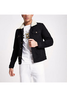 River Island Veste En Jean Délavage Noir Avec Col Imitation Mouton