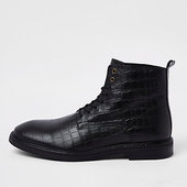 River Island Bottes En Cuir Grain Croco Noires