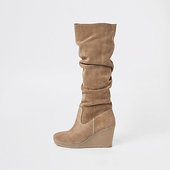 River Island Bottes En Daim Beiges Larges Hauteur Genou à Talon Compensé