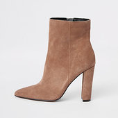 River Island Bottes En Daim Marron Clair à Talon Carré Coupe Large