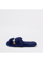 River Island Mules En Fausse Fourrure Bleu Marine Ornées